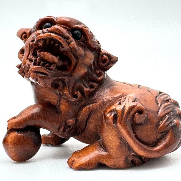 Ojime Netsuke 2 Foo Dog Lion Figurines Hand-Carved Boxwood Signed No Hole #2.3 - Picture 5 of 9